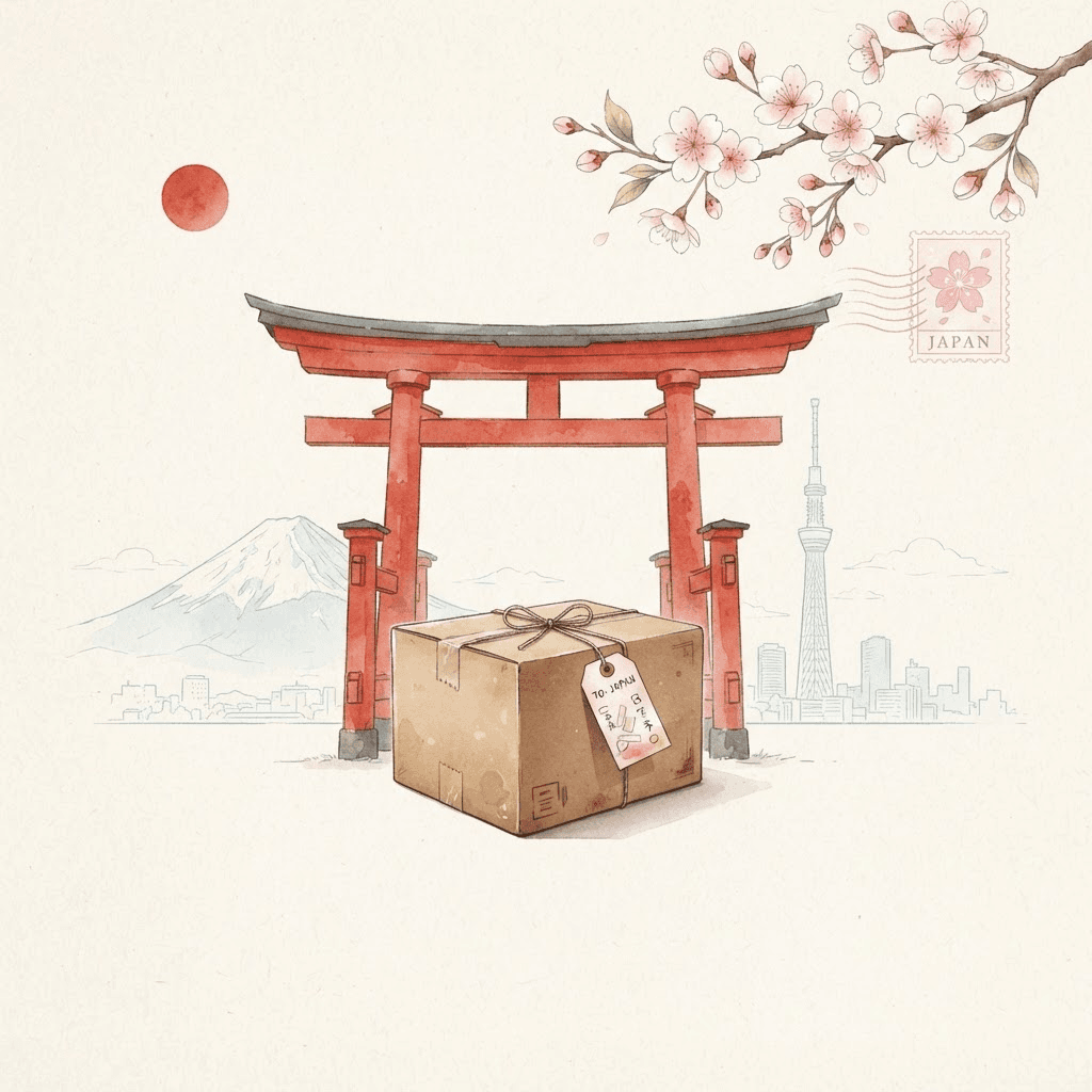 A calm Japan concierge gateway with a parcel ready for international delivery