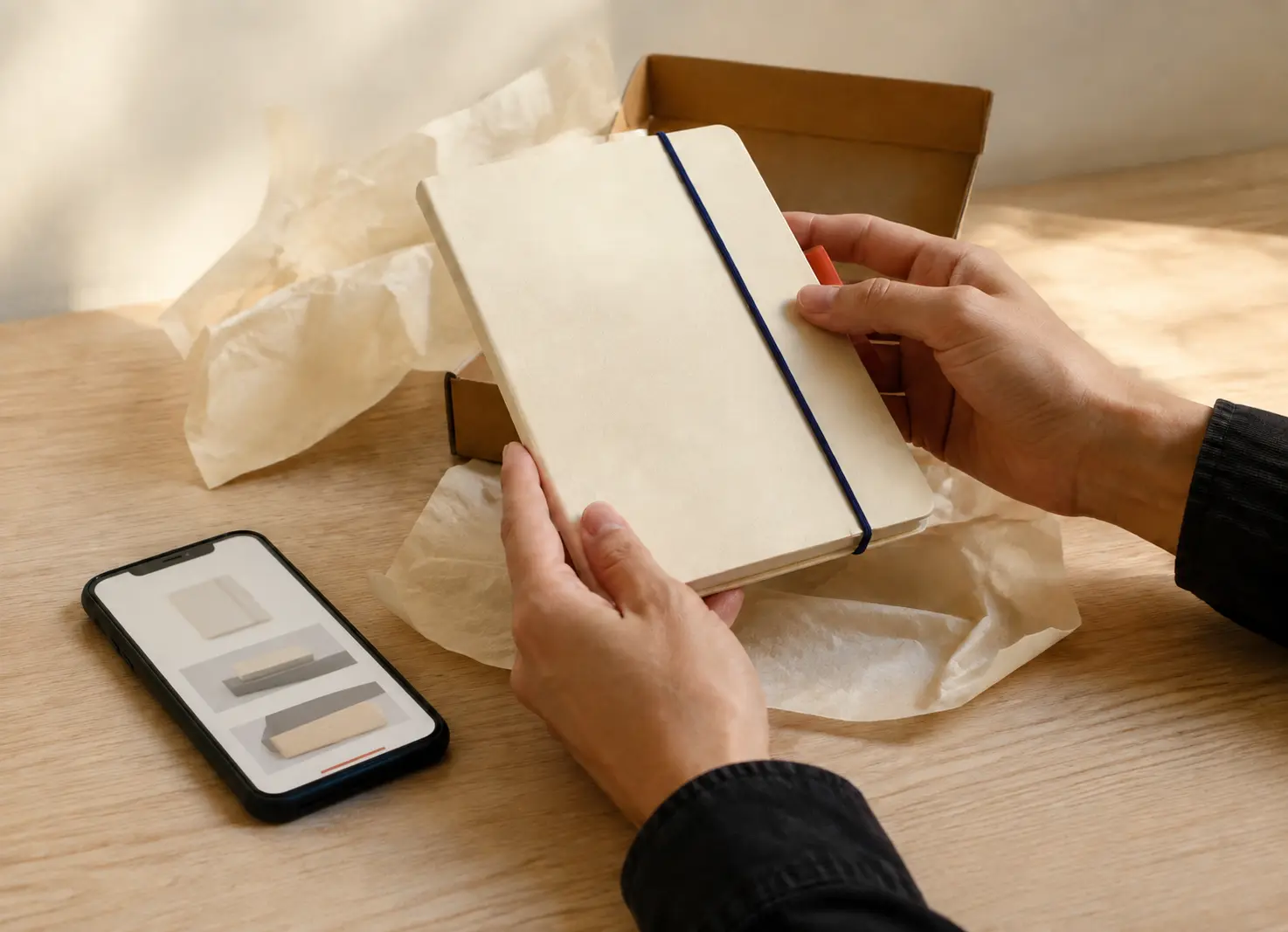 Hands checking a notebook beside parcel materials